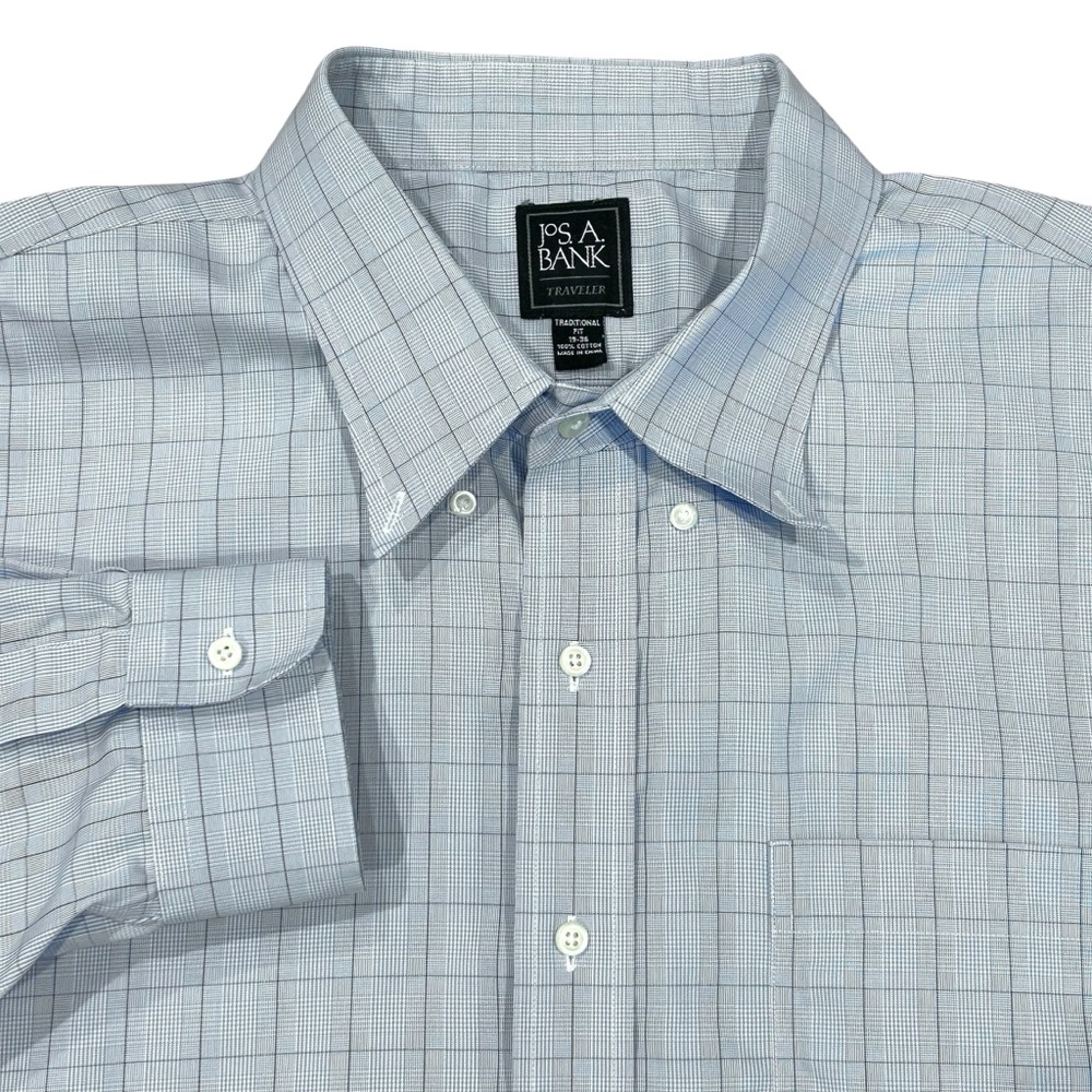 Jos A Bank Travelers Traditional Fit Blue Plaid Long Sleeve Shirt 19/36